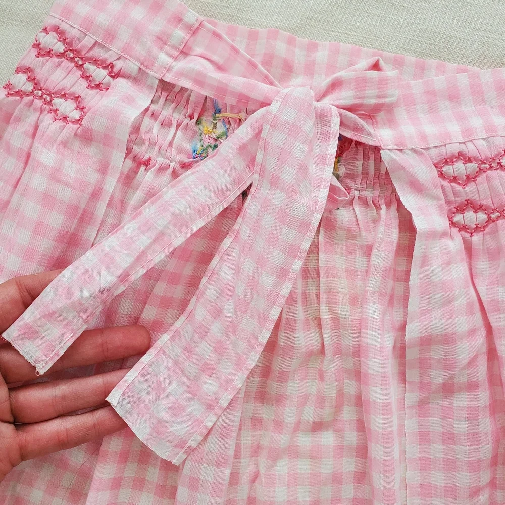 Vintage kids apron pink gingham floral embroidery